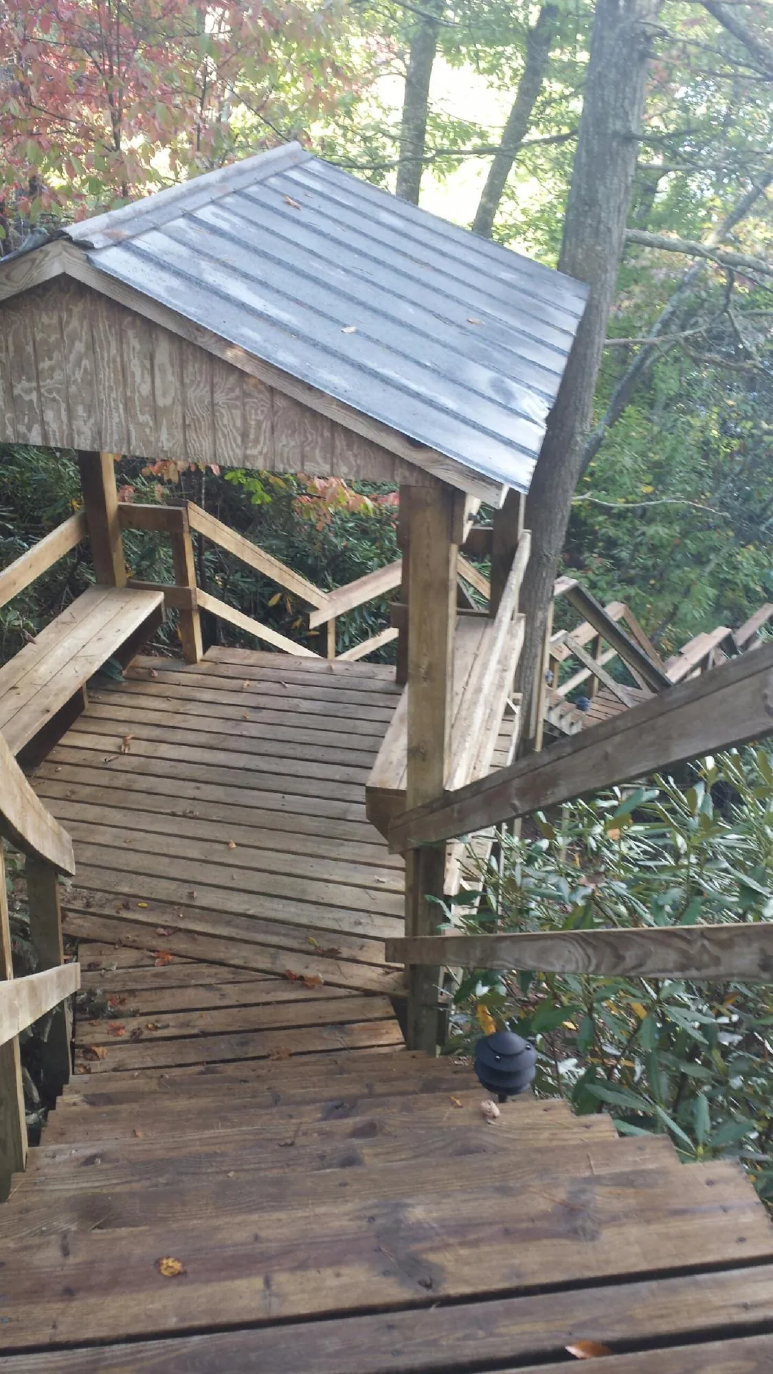 Metal roofed shelter over wooden steps on a wooded walkway — Skylight Repair & Installation work by our crew in Pottersdale